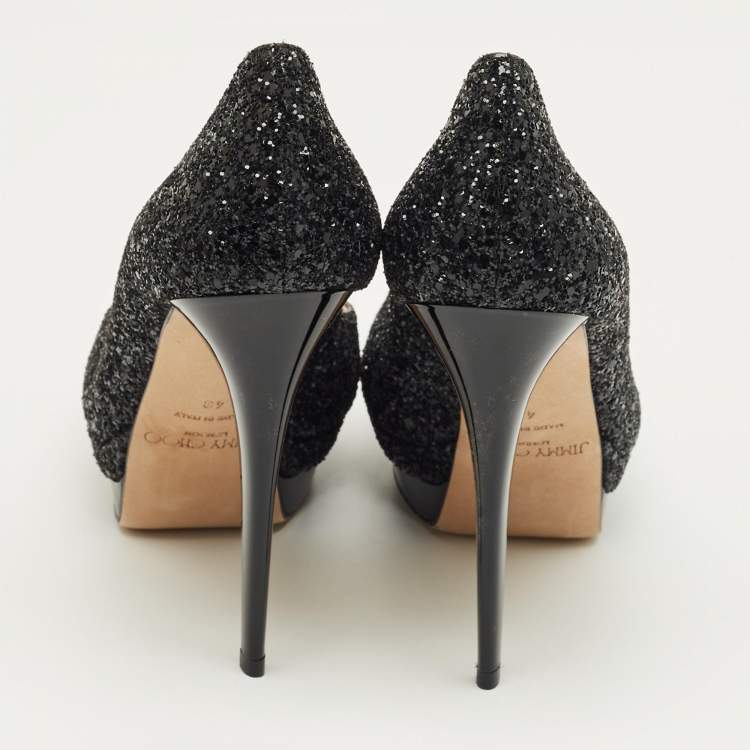 Pre Owned Jimmy Choo Black Glitter Luna Platform Open Toe Pumps Size 40