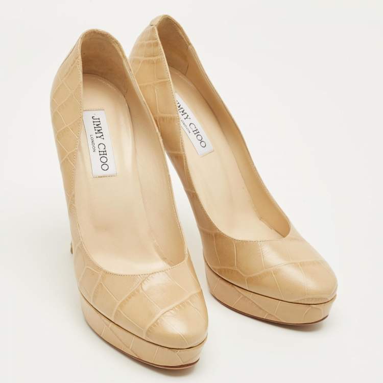 Pre Owned Jimmy Choo Beige Croc Embossed Leather Cosmic Platform Pumps Size 40