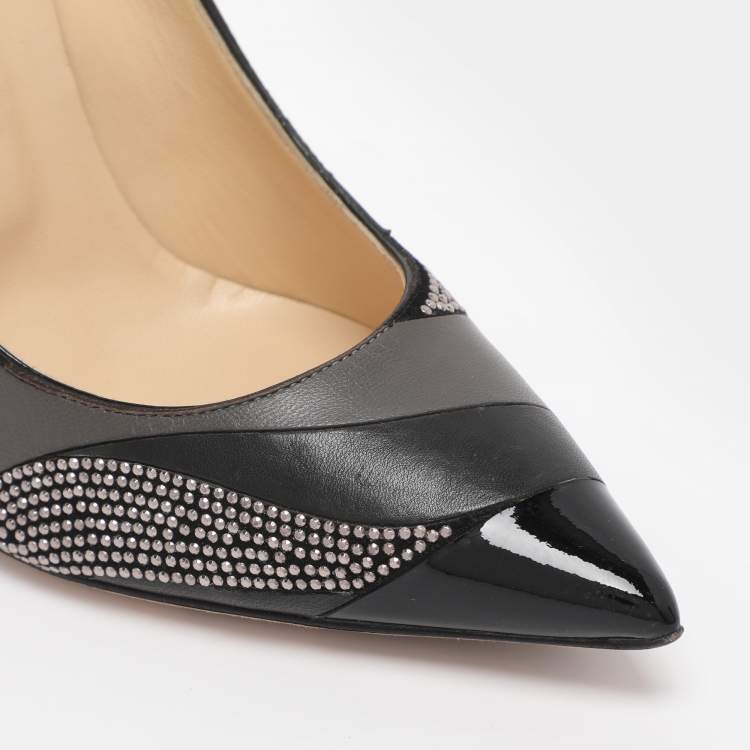 مملوكة مسبقًا Jimmy Choo Black/Grey Leather and Suede Embellished Pointed Toe Pumps Size 38
