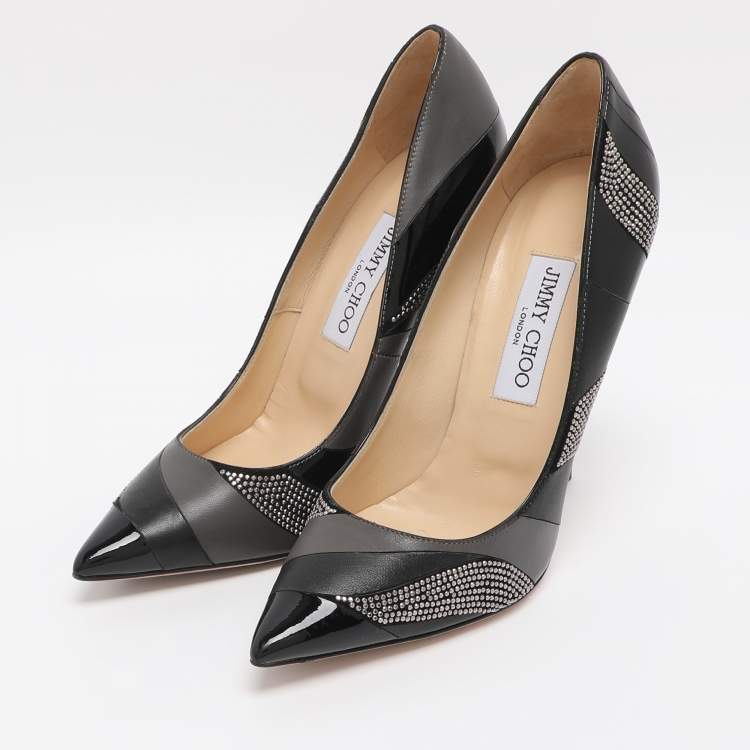 مملوكة مسبقًا Jimmy Choo Black/Grey Leather and Suede Embellished Pointed Toe Pumps Size 38