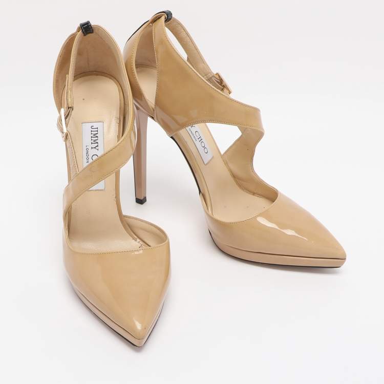 Pre Owned Jimmy Choo Beige Patent Leather Ankle Strap Pumps Size 38