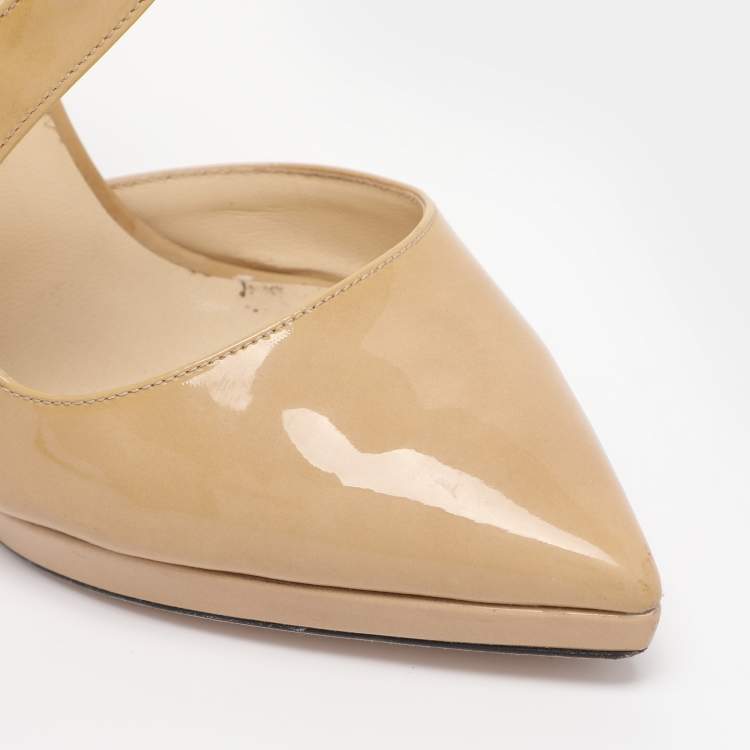 Pre Owned Jimmy Choo Beige Patent Leather Ankle Strap Pumps Size 38