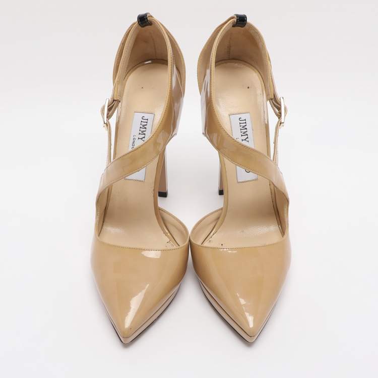 Pre Owned Jimmy Choo Beige Patent Leather Ankle Strap Pumps Size 38