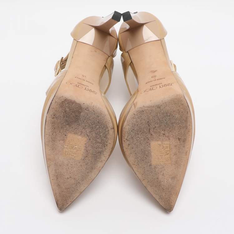 Pre Owned Jimmy Choo Beige Patent Leather Ankle Strap Pumps Size 38