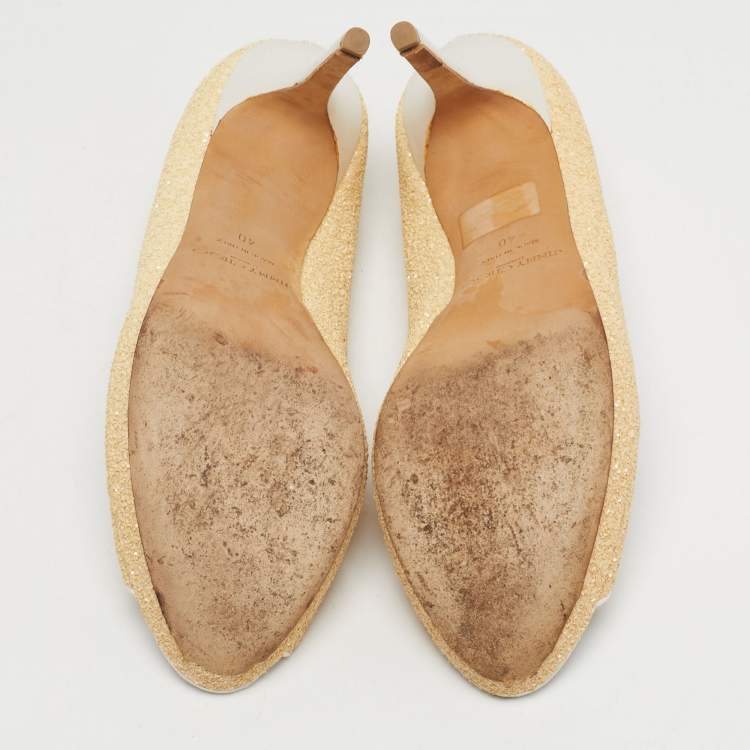 Pre Owned Jimmy Choo Beige Glitter Dahlia Peep Toe Pumps Size 40