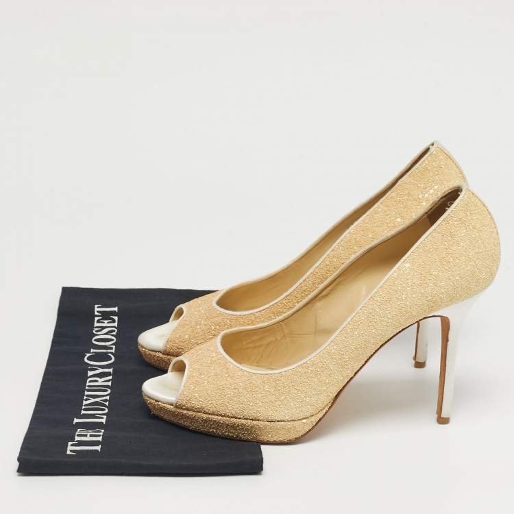 Pre Owned Jimmy Choo Beige Glitter Dahlia Peep Toe Pumps Size 40
