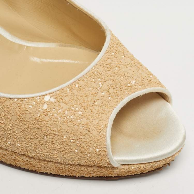 Pre Owned Jimmy Choo Beige Glitter Dahlia Peep Toe Pumps Size 40