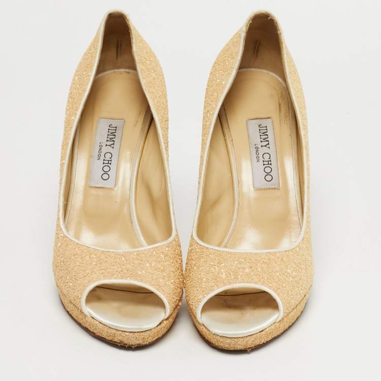 Pre Owned Jimmy Choo Beige Glitter Dahlia Peep Toe Pumps Size 40