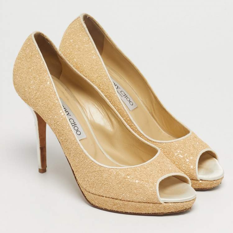 Pre Owned Jimmy Choo Beige Glitter Dahlia Peep Toe Pumps Size 40