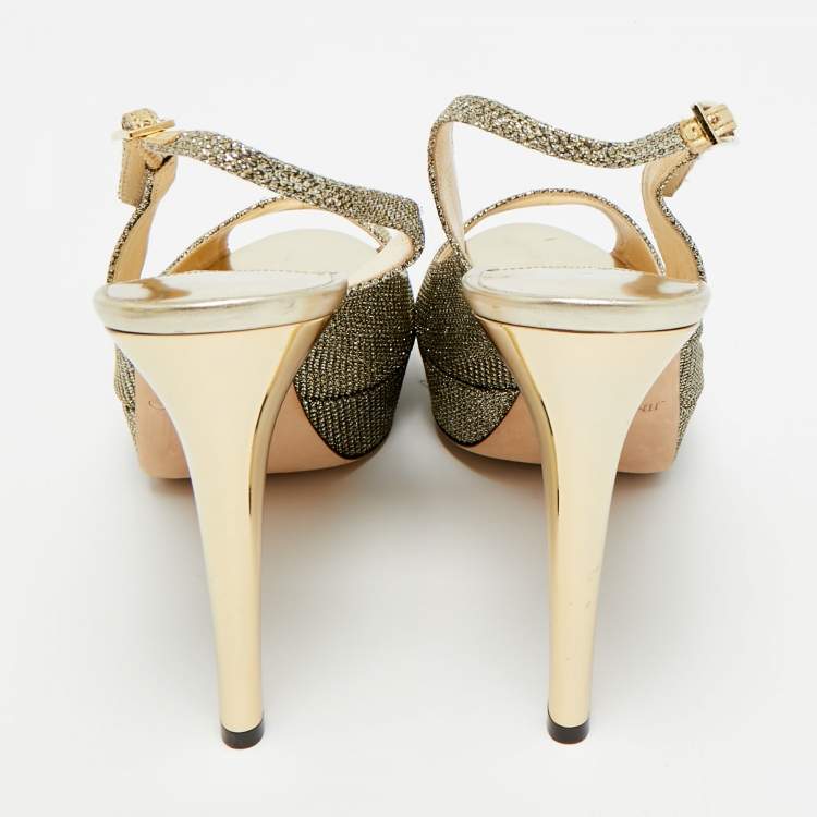 Pre Owned Jimmy Choo Gold Glitter Accents Peep Toe Slingback Pumps Size 40
