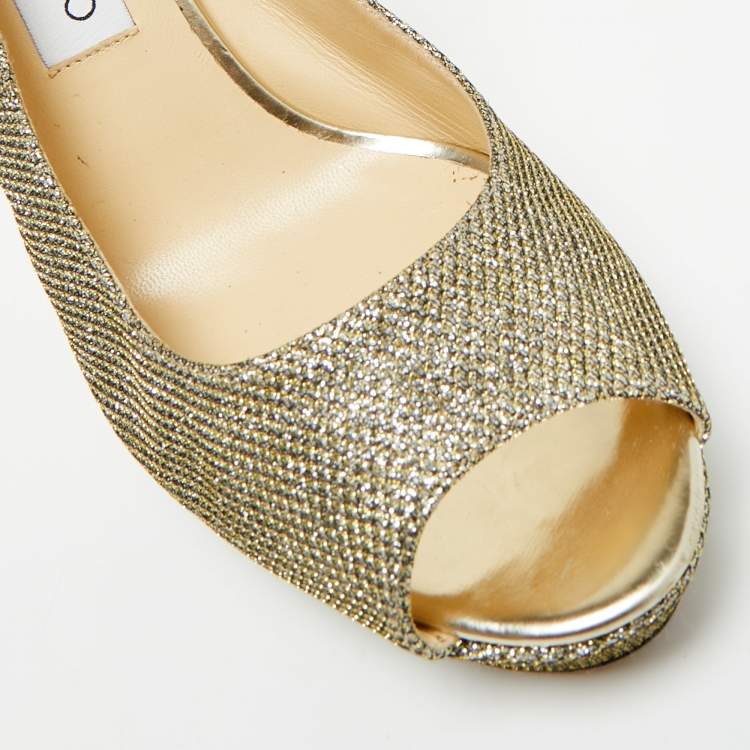 Pre Owned Jimmy Choo Gold Glitter Accents Peep Toe Slingback Pumps Size 40