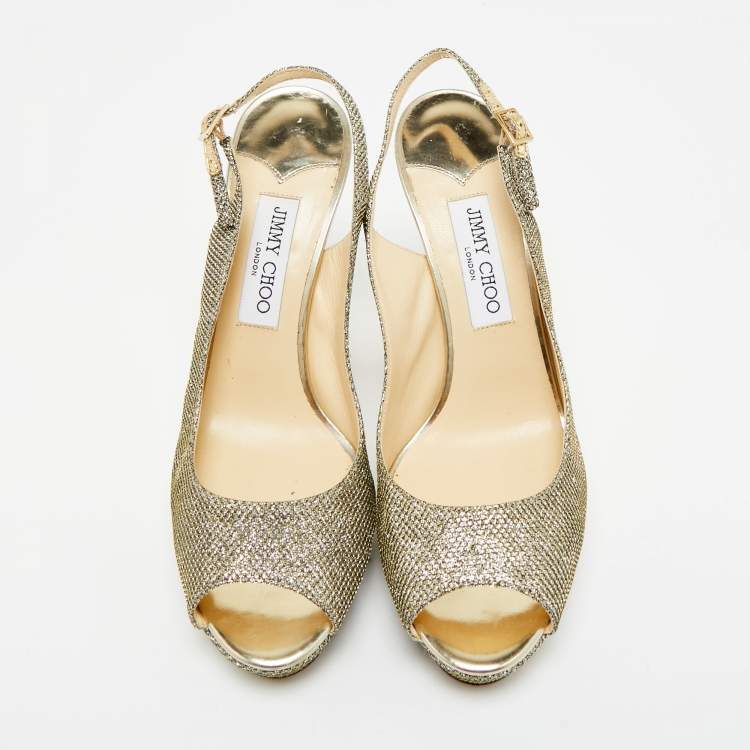 Pre Owned Jimmy Choo Gold Glitter Accents Peep Toe Slingback Pumps Size 40