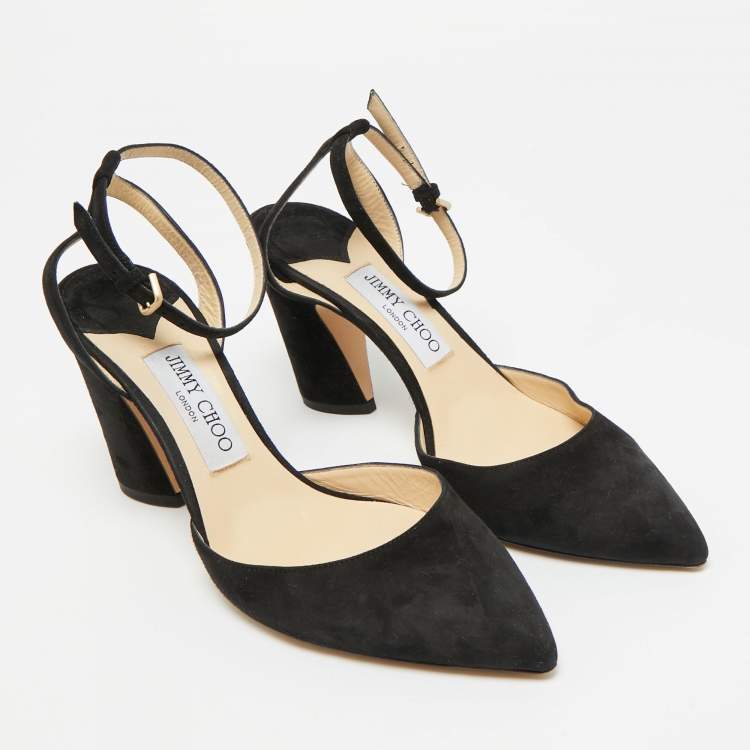 Pre Owned Jimmy Choo Black Suede Pointed Toe Ankle Strap Pumps Size 38