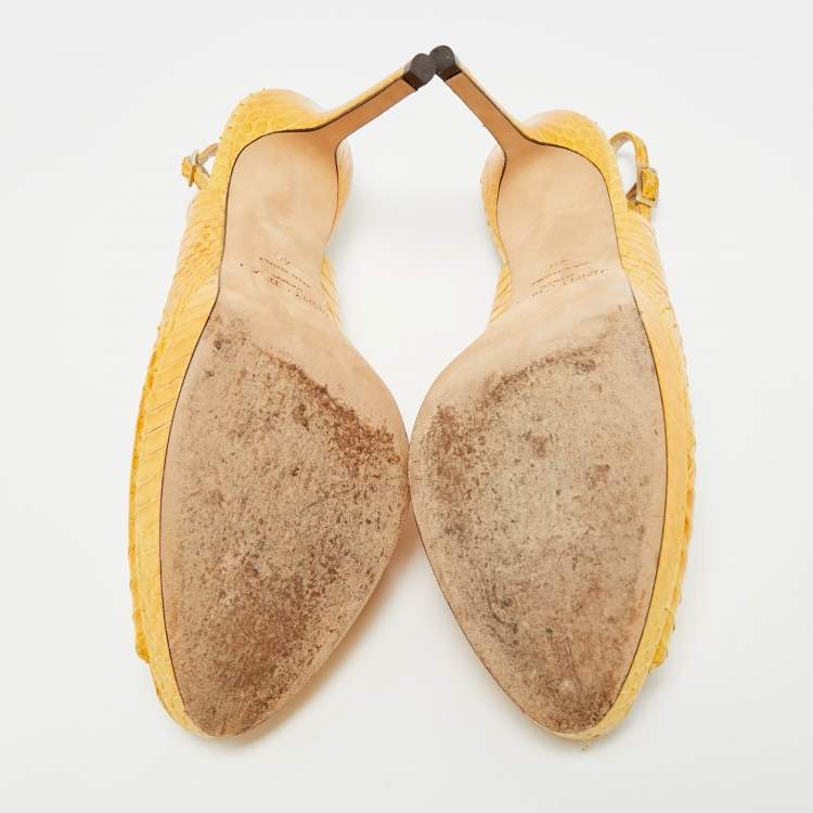 Pre Owned Jimmy Choo Yellow Python Leather Peep Toe Slingback Pumps Size 40