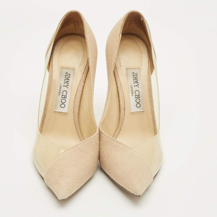 مملوكة مسبقًا Jimmy Choo Beige Linen and PVC Cass Pointed Toe Pumps Size 37