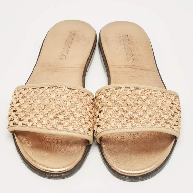Pre Owned Jimmy Choo Beige Woven Raffia and Leather Minea Flat Slide Sandals Size 41