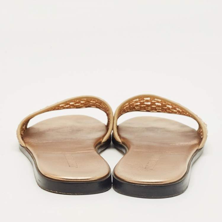 Pre Owned Jimmy Choo Beige Woven Raffia and Leather Minea Flat Slide Sandals Size 41