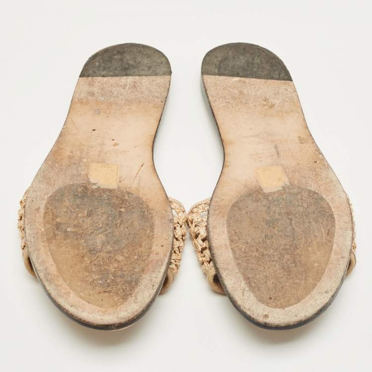 Pre Owned Jimmy Choo Beige Woven Raffia and Leather Minea Flat Slide Sandals Size 41