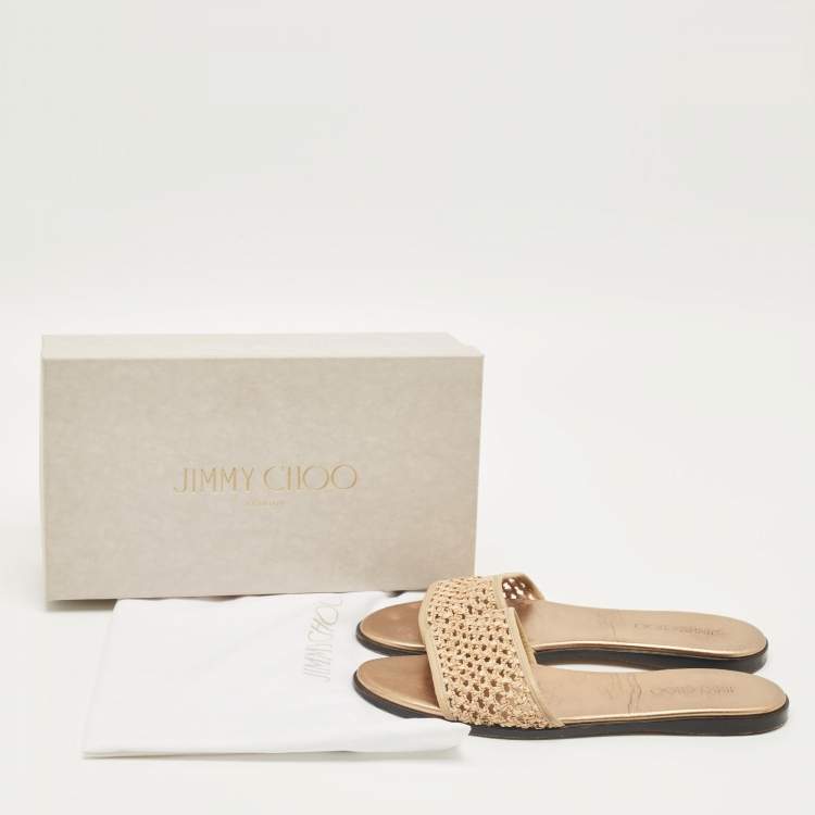 Pre Owned Jimmy Choo Beige Woven Raffia and Leather Minea Flat Slide Sandals Size 41