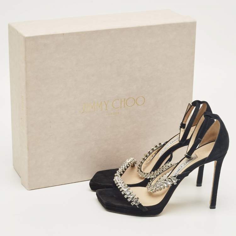 Pre Owned Jimmy Choo Black Suede Bing Crystal Ankle Strap Sandals Size 37.5