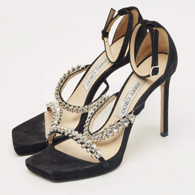 Pre Owned Jimmy Choo Black Suede Bing Crystal Ankle Strap Sandals Size 37.5