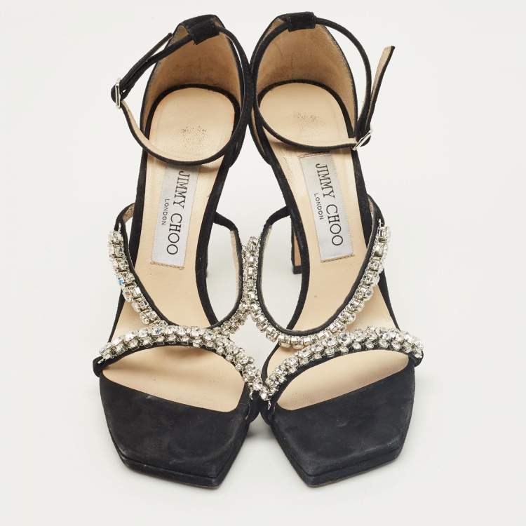 Pre Owned Jimmy Choo Black Suede Bing Crystal Ankle Strap Sandals Size 37.5