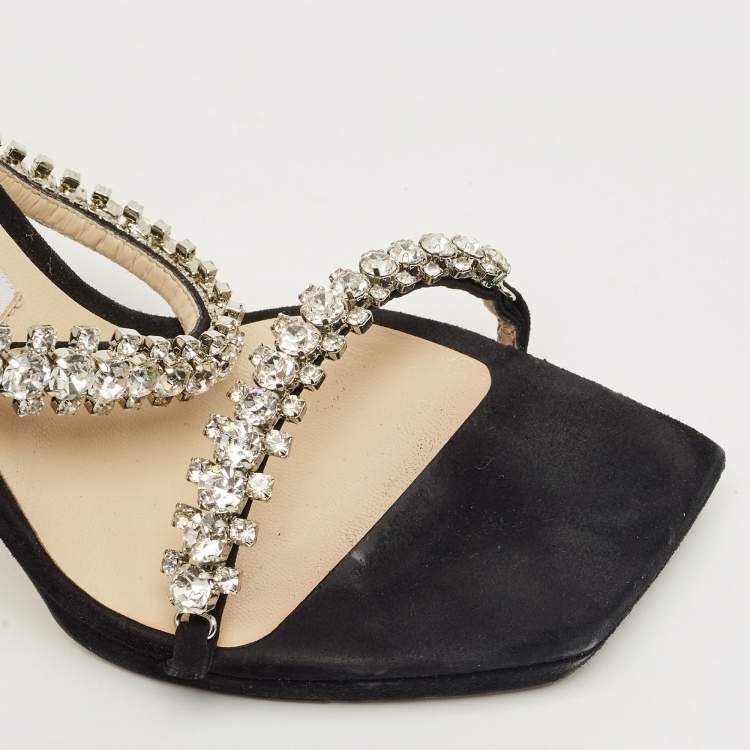 Pre Owned Jimmy Choo Black Suede Bing Crystal Ankle Strap Sandals Size 37.5