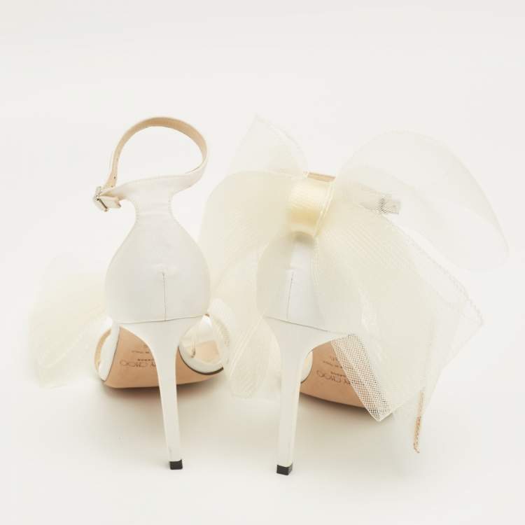 Pre Owned Jimmy Choo White Fabric Aveline Bow Ankle Strap Sandals Size 36