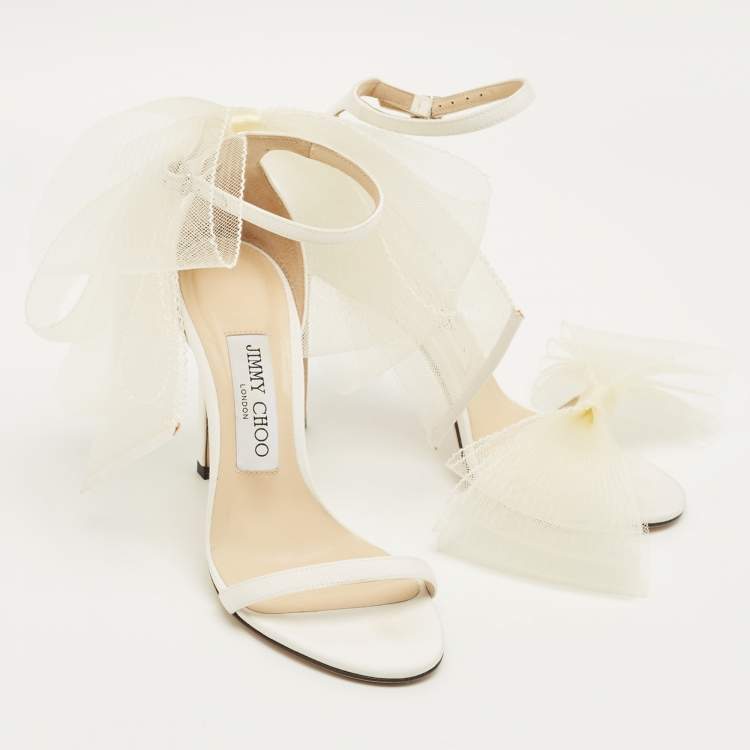 Pre Owned Jimmy Choo White Fabric Aveline Bow Ankle Strap Sandals Size 36