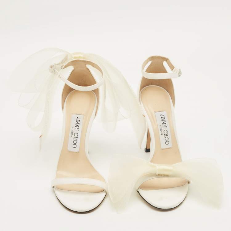 Pre Owned Jimmy Choo White Fabric Aveline Bow Ankle Strap Sandals Size 36