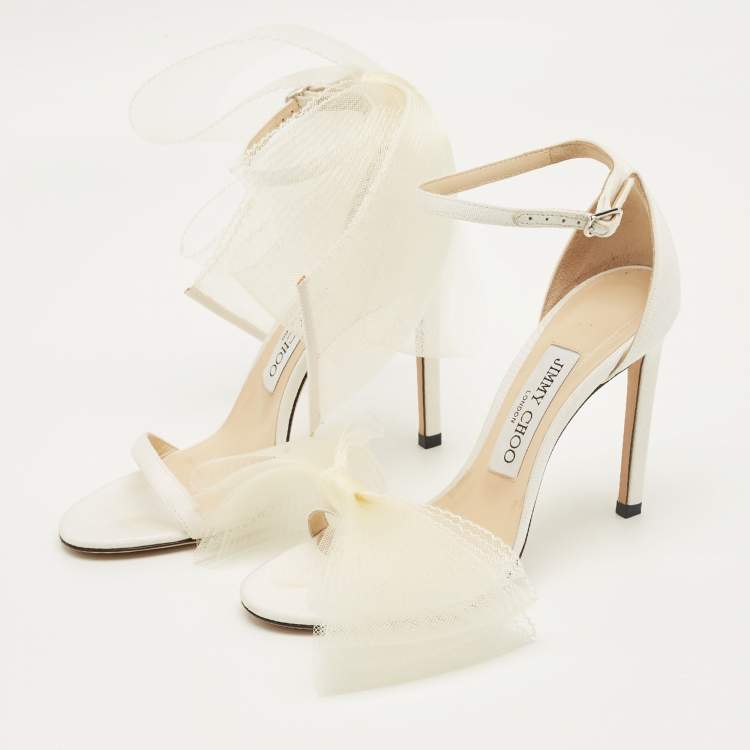 Pre Owned Jimmy Choo White Fabric Aveline Bow Ankle Strap Sandals Size 36