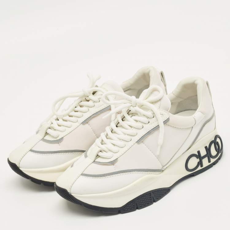 Pre Owned Jimmy Choo White Neoprene and Leather Raine Lace Up Sneakers Size 37.5