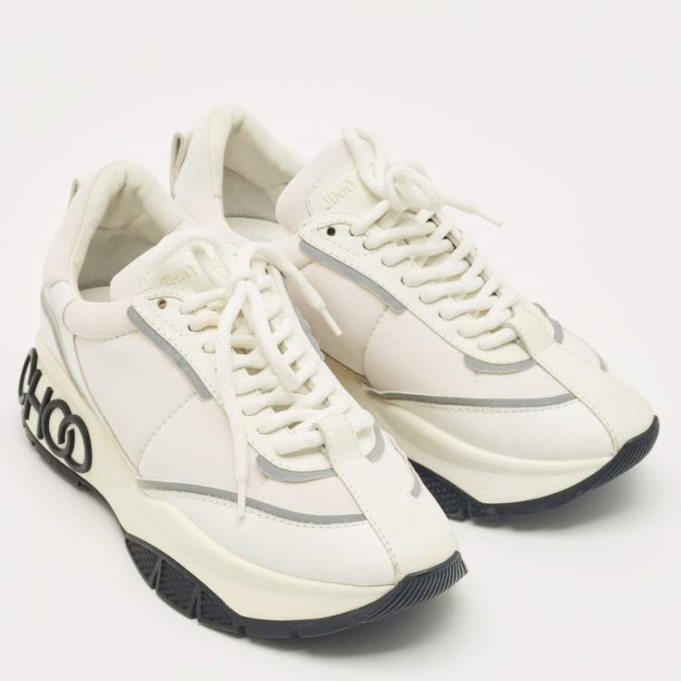 Pre Owned Jimmy Choo White Neoprene and Leather Raine Lace Up Sneakers Size 37.5