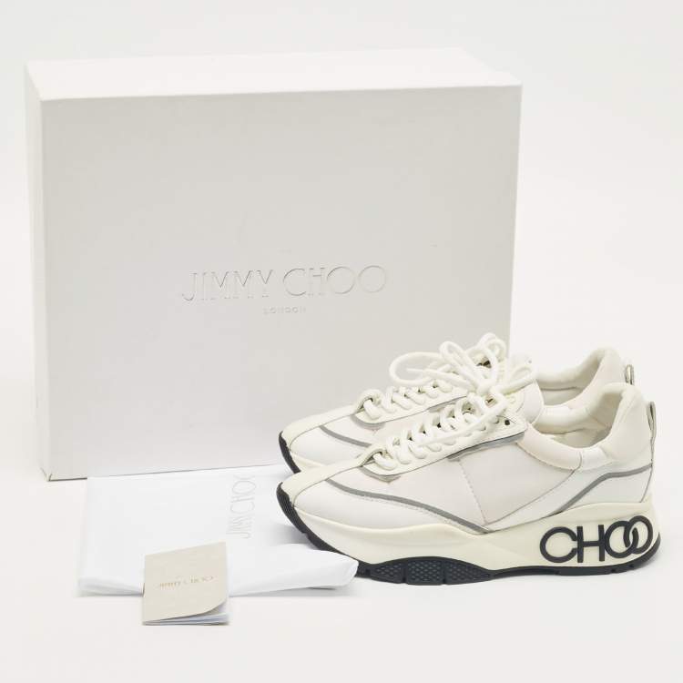 Pre Owned Jimmy Choo White Neoprene and Leather Raine Lace Up Sneakers Size 37.5