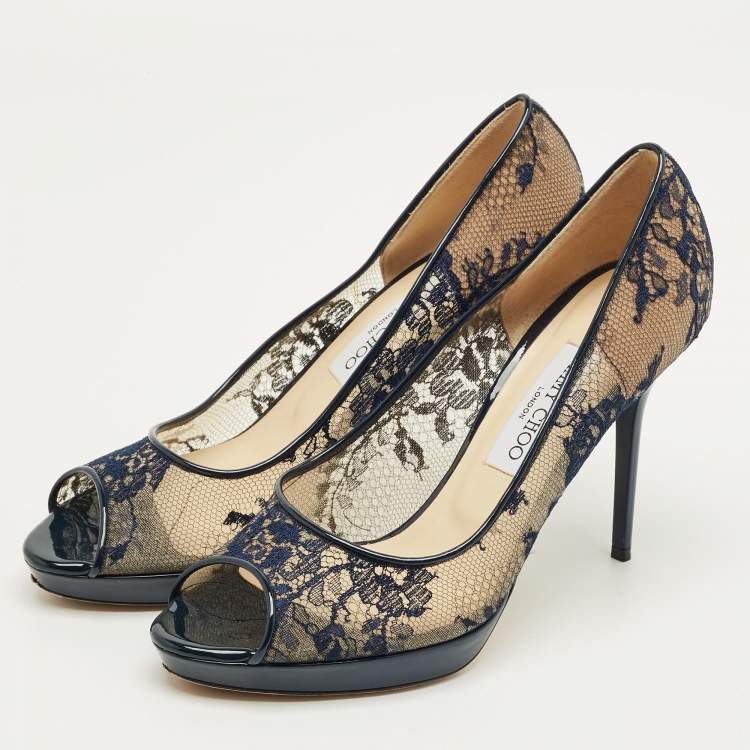Pre Owned Jimmy Choo Navy Blue Lace and Patent Leather Luna Peep Toe Pumps Size 40