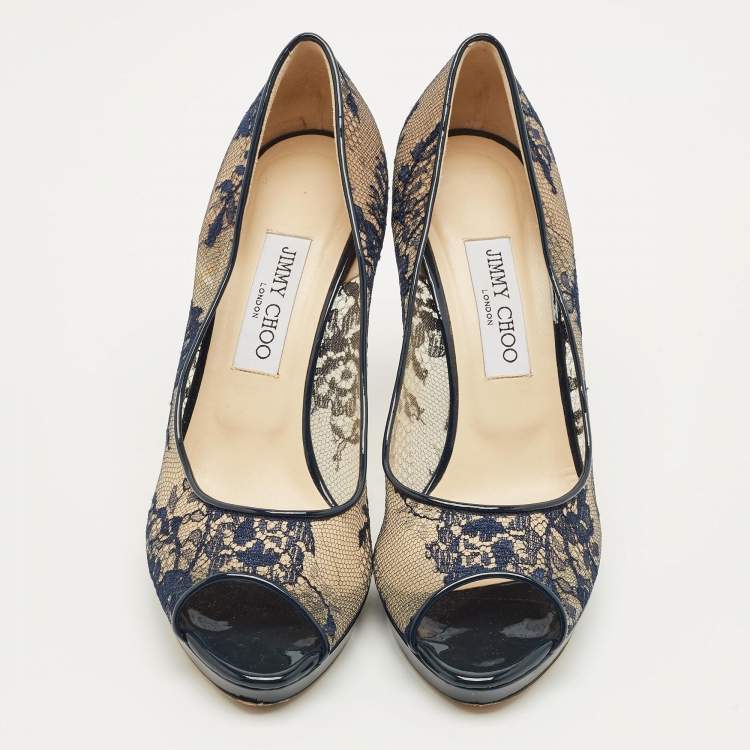 Pre Owned Jimmy Choo Navy Blue Lace and Patent Leather Luna Peep Toe Pumps Size 40