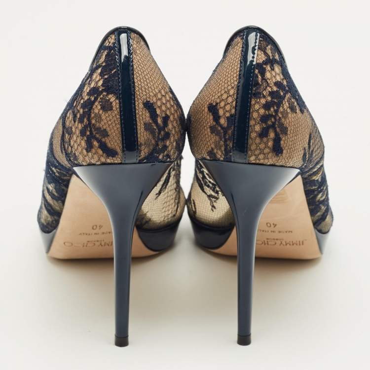 Pre Owned Jimmy Choo Navy Blue Lace and Patent Leather Luna Peep Toe Pumps Size 40
