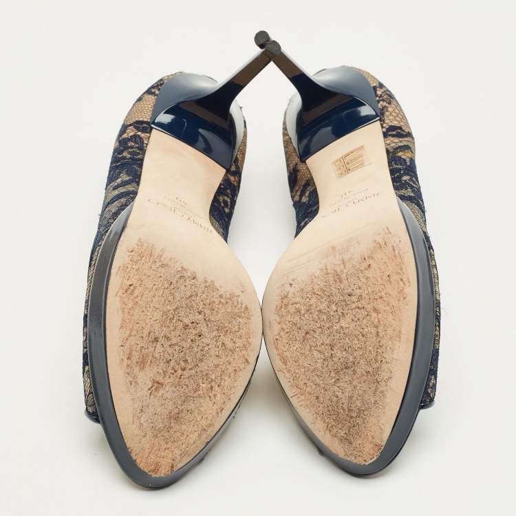 Pre Owned Jimmy Choo Navy Blue Lace and Patent Leather Luna Peep Toe Pumps Size 40