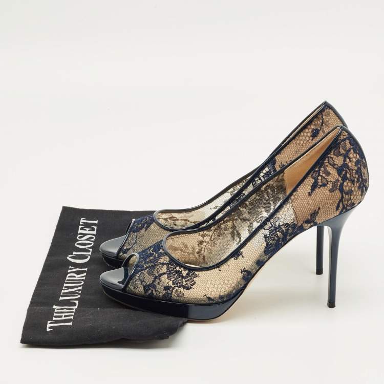 Pre Owned Jimmy Choo Navy Blue Lace and Patent Leather Luna Peep Toe Pumps Size 40