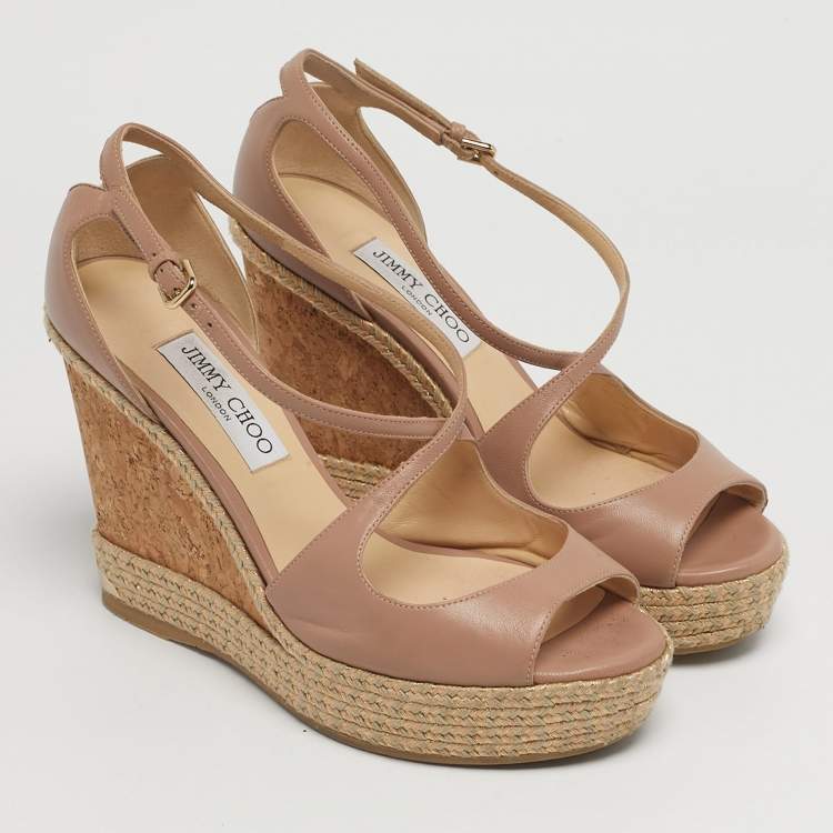 Pre Owned Jimmy Choo Pink Leather Crisscross Strap Cork  Wedge Sandals Size 39