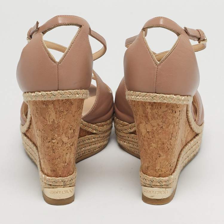 Pre Owned Jimmy Choo Pink Leather Crisscross Strap Cork  Wedge Sandals Size 39