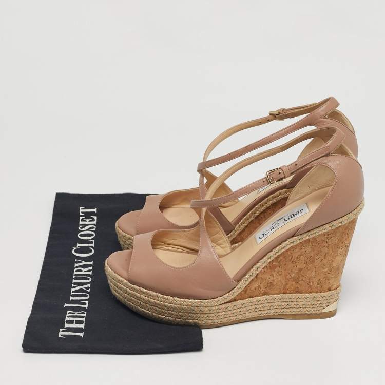 Pre Owned Jimmy Choo Pink Leather Crisscross Strap Cork  Wedge Sandals Size 39
