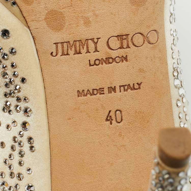 Pre Owned Jimmy Choo Beige Satin Crystal Embellished Peep Toe Pumps Size 40