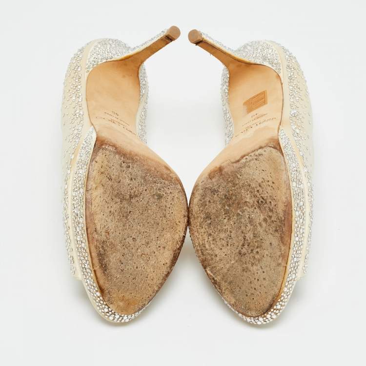 Pre Owned Jimmy Choo Beige Satin Crystal Embellished Peep Toe Pumps Size 40