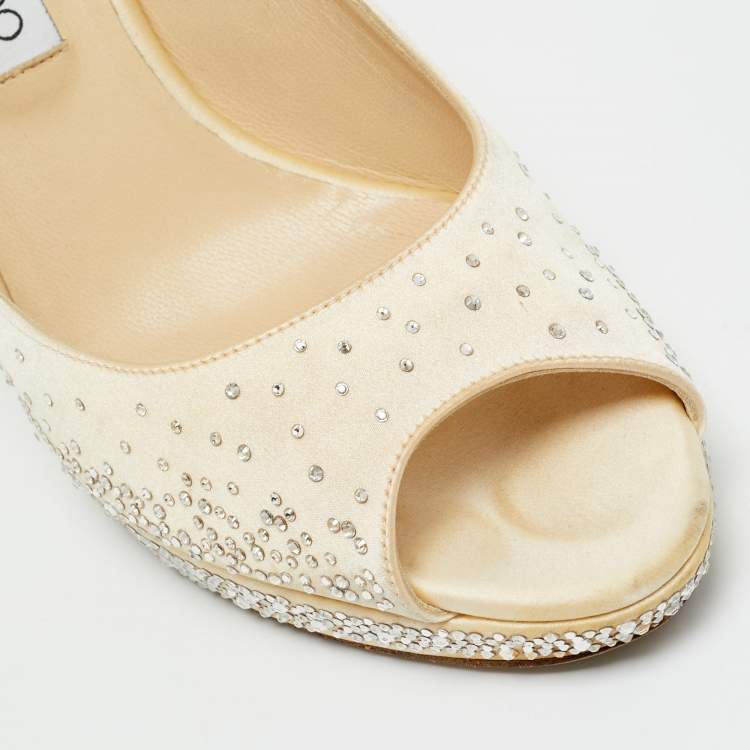 Pre Owned Jimmy Choo Beige Satin Crystal Embellished Peep Toe Pumps Size 40