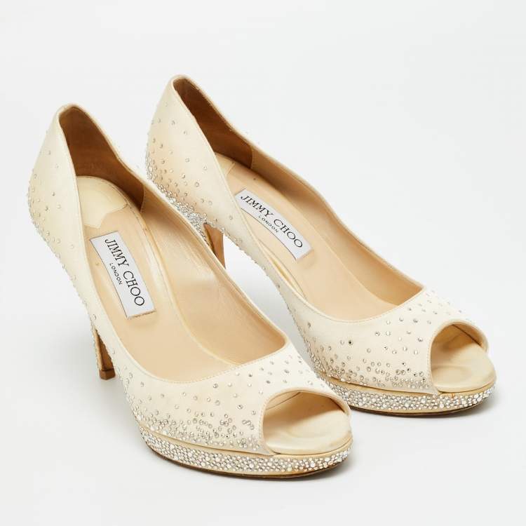 Pre Owned Jimmy Choo Beige Satin Crystal Embellished Peep Toe Pumps Size 40