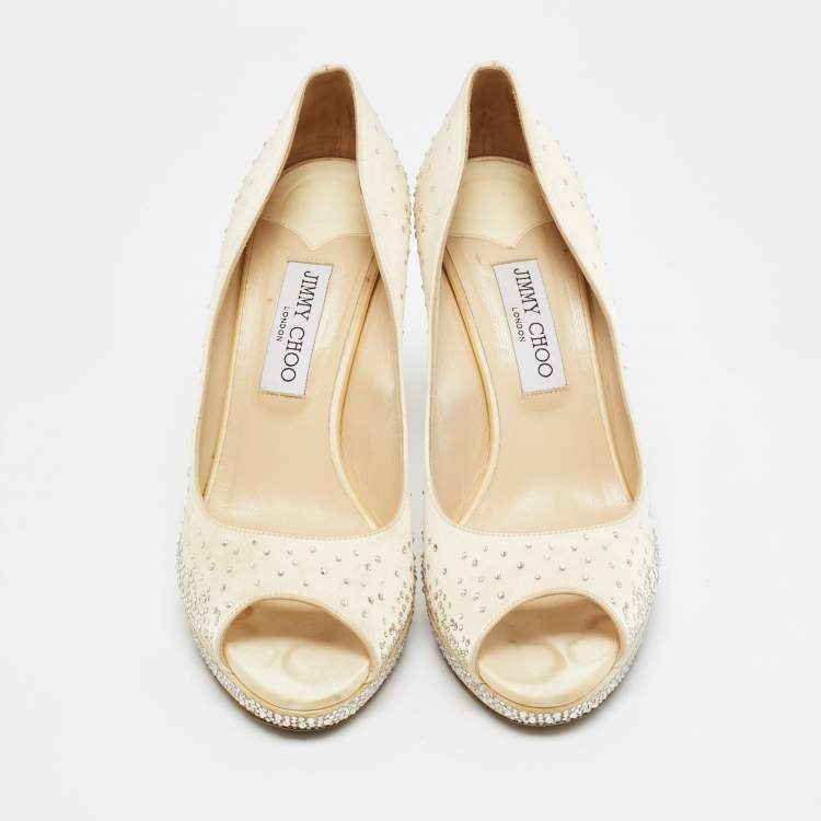 Pre Owned Jimmy Choo Beige Satin Crystal Embellished Peep Toe Pumps Size 40