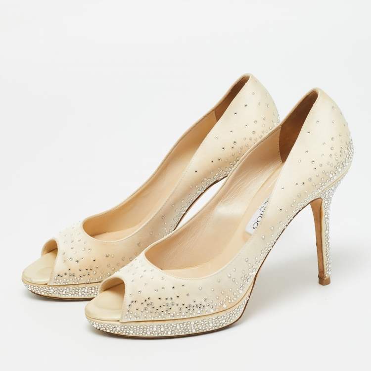 Pre Owned Jimmy Choo Beige Satin Crystal Embellished Peep Toe Pumps Size 40