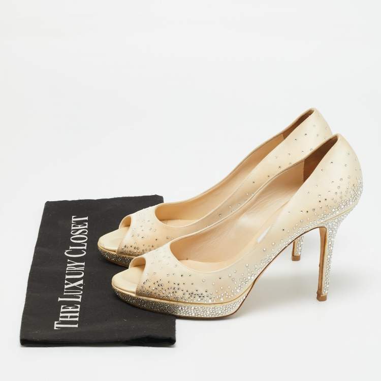 Pre Owned Jimmy Choo Beige Satin Crystal Embellished Peep Toe Pumps Size 40