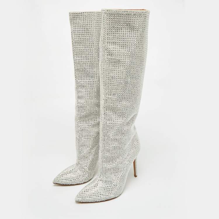 Pre Owned Jimmy Choo Grey Suede Crystals Embellished Knee Length Boots Size 39